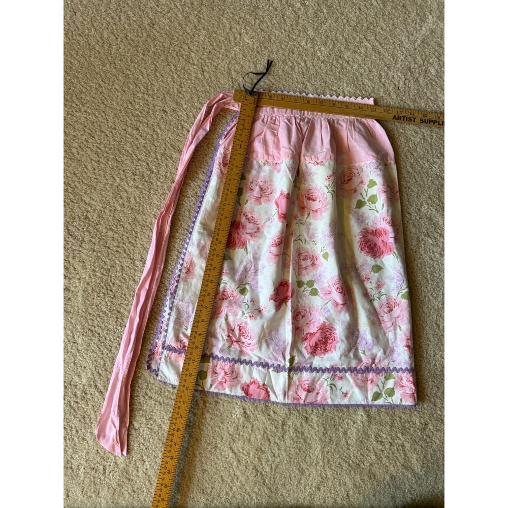 Vintage 1960s Handmade Floral Rose Pink Ricrack Trim Cotton Apron Cottagecore